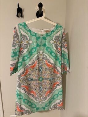 Banana Republic Teal Paisley Medallion Shift Top with Orange Accents